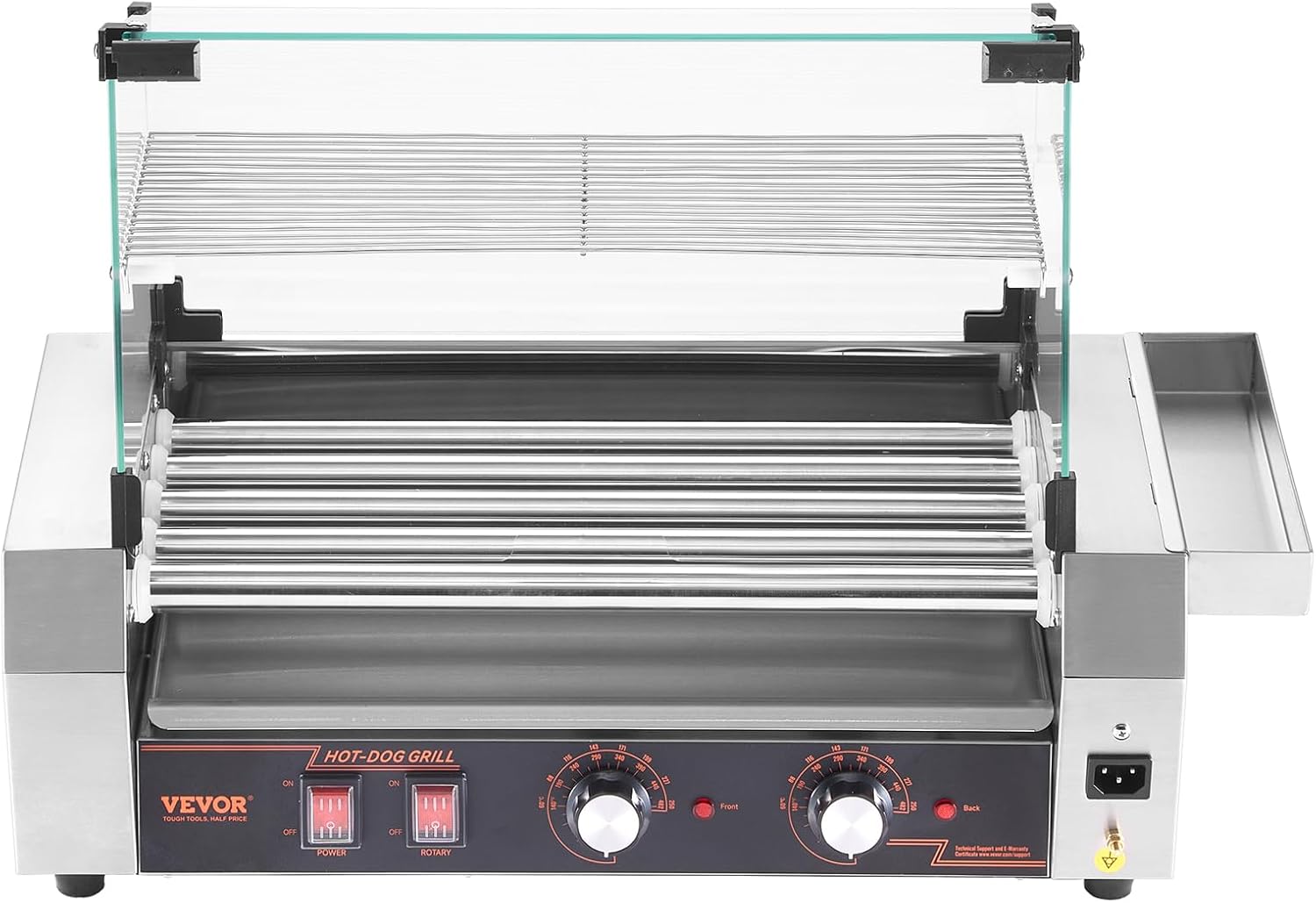 VEVOR Hot Dog Roller, 12 Hot Dog 5 Rollers, Stainless Steel Sausage Grill Cooker, 750W Commercial Hot Dog Machine with Dual Temp Control, Cover, Side Storage Box, Removable Shelf & Oil Drip Tray