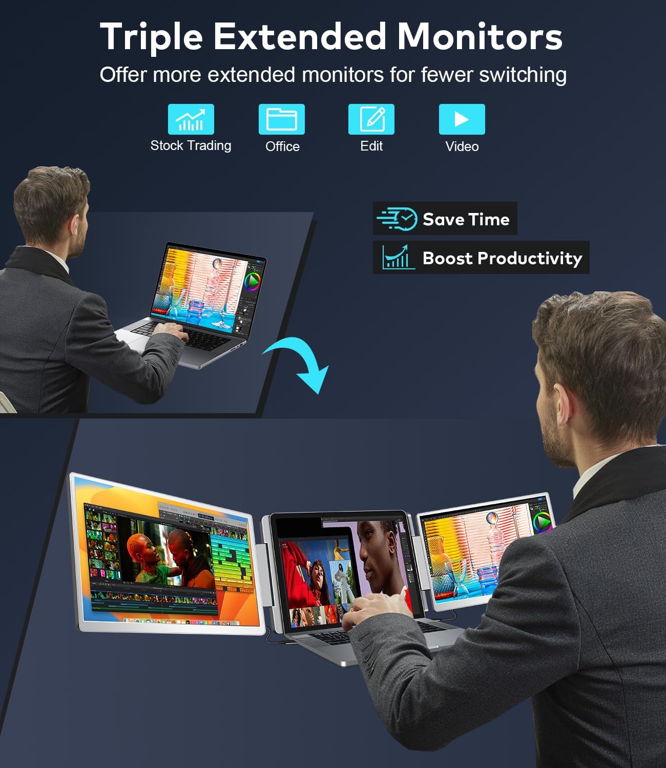 15.6' Laptop Screen Extender, Left Screen 360° Flip Triple Screen Monitor Extender, FHD 1080P IPS Portable Travel Monitor Display, fit for 12-18.5' Laptops, Compatible with Windows and MacBook-S10