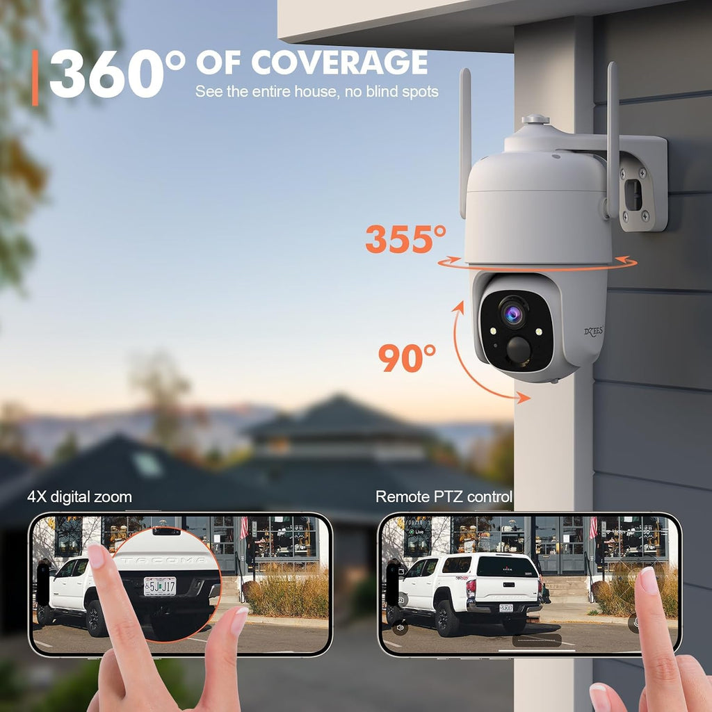 Dzees 360° PTZ Security Cameras Wireless Outdoor WiFi, 2K Battery Powered Home Security Camera Indoor, Spotlight & Siren, Color Night Vision, 2-Way Talk, AI Motion Detection, IP66 2-Pack