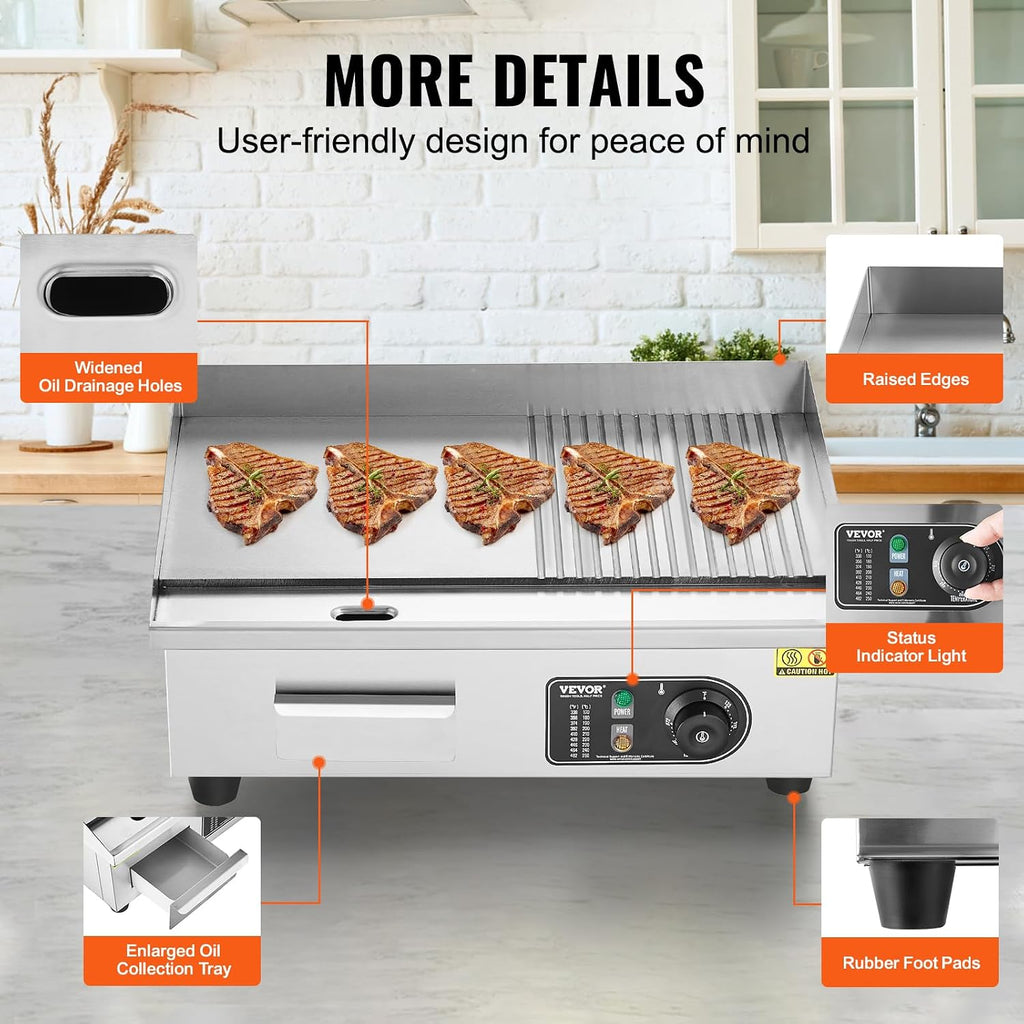 VEVOR Commercial Electric Griddle, 1600W Countertop Half-Flat Top Grill, 22in Stainless Steel Griddle Grill with 2 Shovels and 2 Brushes for Home or Restaurant, 122℉-572℉ Adjustable Temp