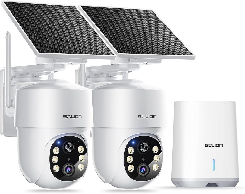 SOLIOM- 5MP Security Cameras Wireless Outdoor, No Subscription & Solar Powered,2-Cam Pack Home Security Camera with 360° Auto Human Motion Tracking, 3K Color Night Vision,5G & 2.4G Router Compatible
