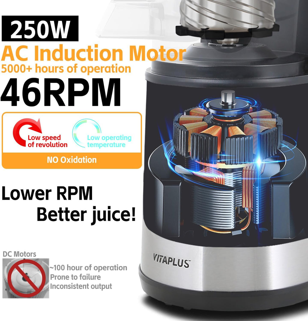Cold Press Juicer, Upgraded AC Motor Masticating Juicer, Food-Grade Stainless Steel Auger, BPA-FREE Slow Juicing Extractor Machine with Easy Clean 5.8' Feeding Chute for Whole Vegs and Fruits
