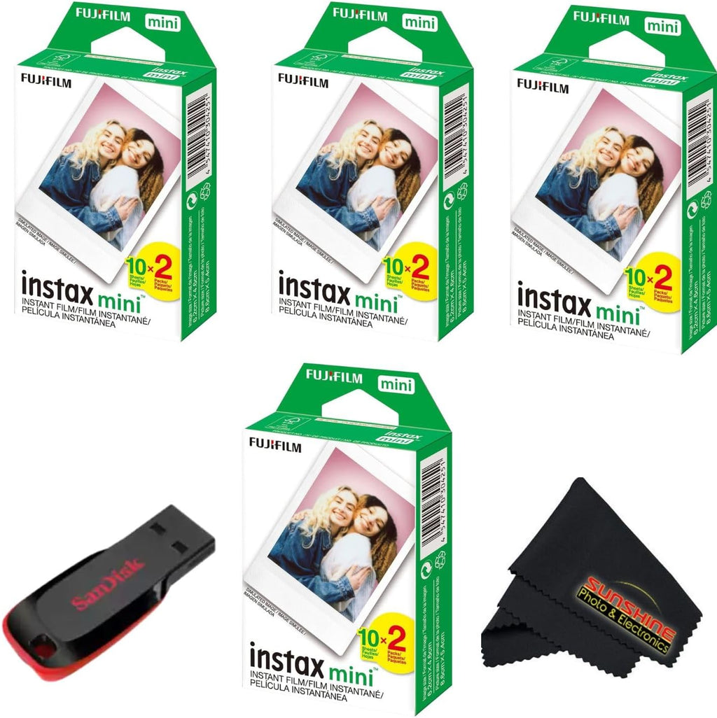 Fujifilm Instax mini Instant Daylight Film (Twin Packs + 32 GB USB Flash Drive) with Sunshine Photo Microfiber Cleaning Cloth... (4 Twin Packs + 32 GB USB Drive)