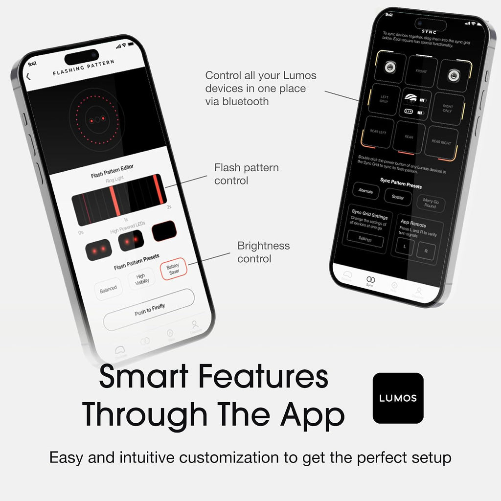 Lumos Firefly Smart Bike Light System - Sync Front & Rear LED Light | Custom Brightness, Flash Pattern, Day/Night Mode | Turn Signals | Brake Lights | Night Riding Bicycle Accessories for Men & Women