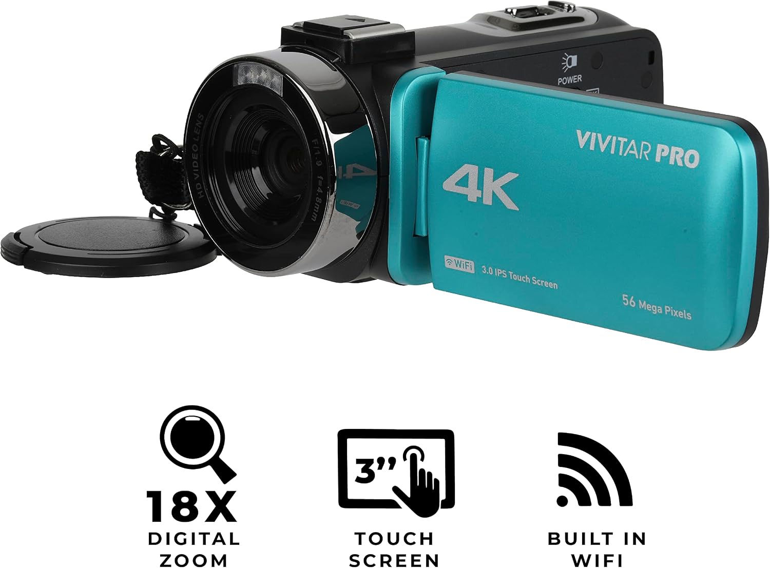 Vivitar 4K Video Camera, Wi-Fi Ultra HD Camcorder with 18x Digital Zoom, 3' IPS Touchscreen Video Recorder with Night Vision, Vlogging Camera with 3.5mm Microphone Jack, Rechargeable, SD Card Slot