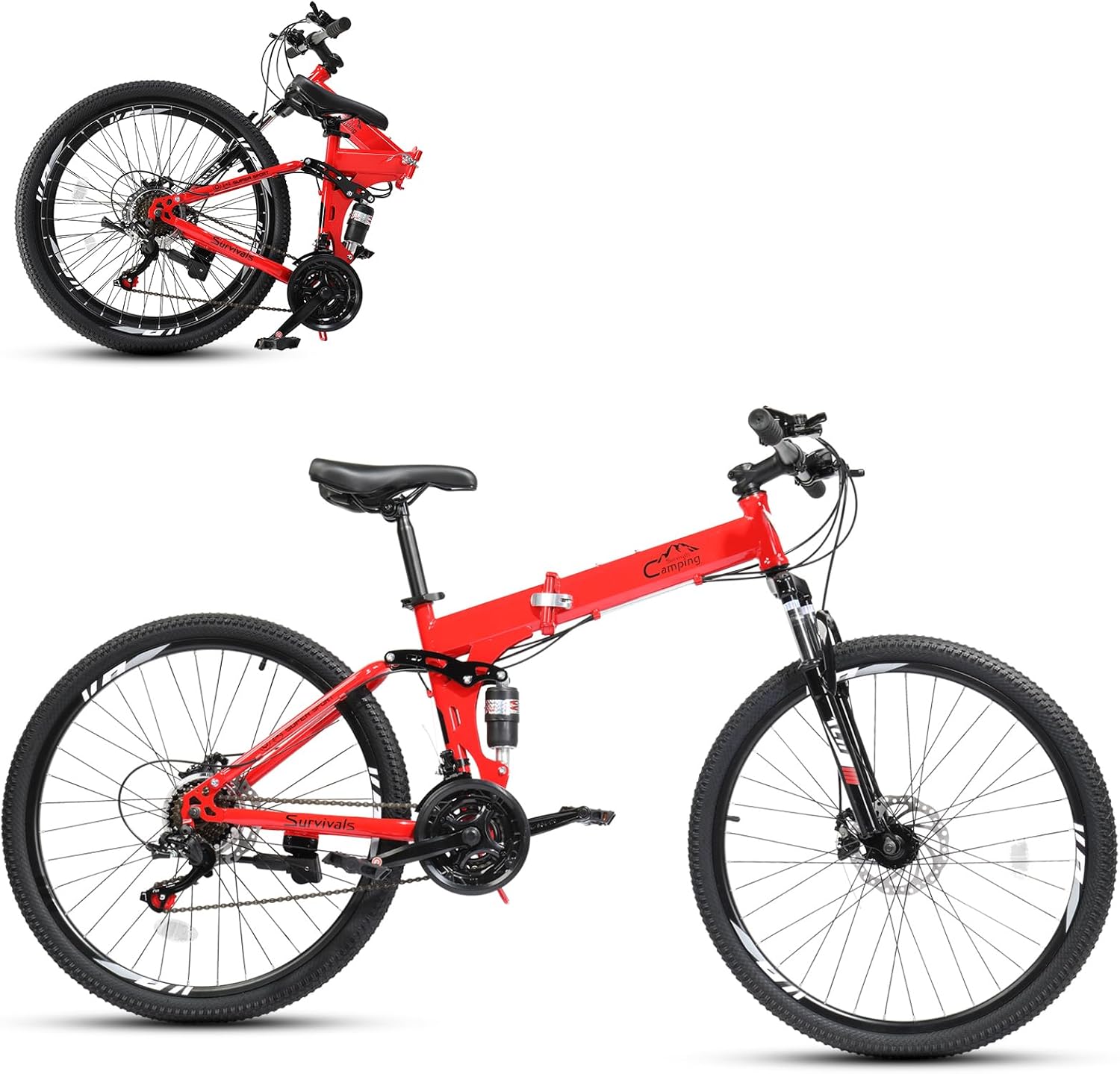 CamPingSurvivals Folding Mountain Bike, 26/27.5' Women's & Men's Bicycle, 21 Speed Foldable Bike for Adults with Dual Suspension, Dual Disc Brake, Adjustable Saddle & Precision Twist Shifting