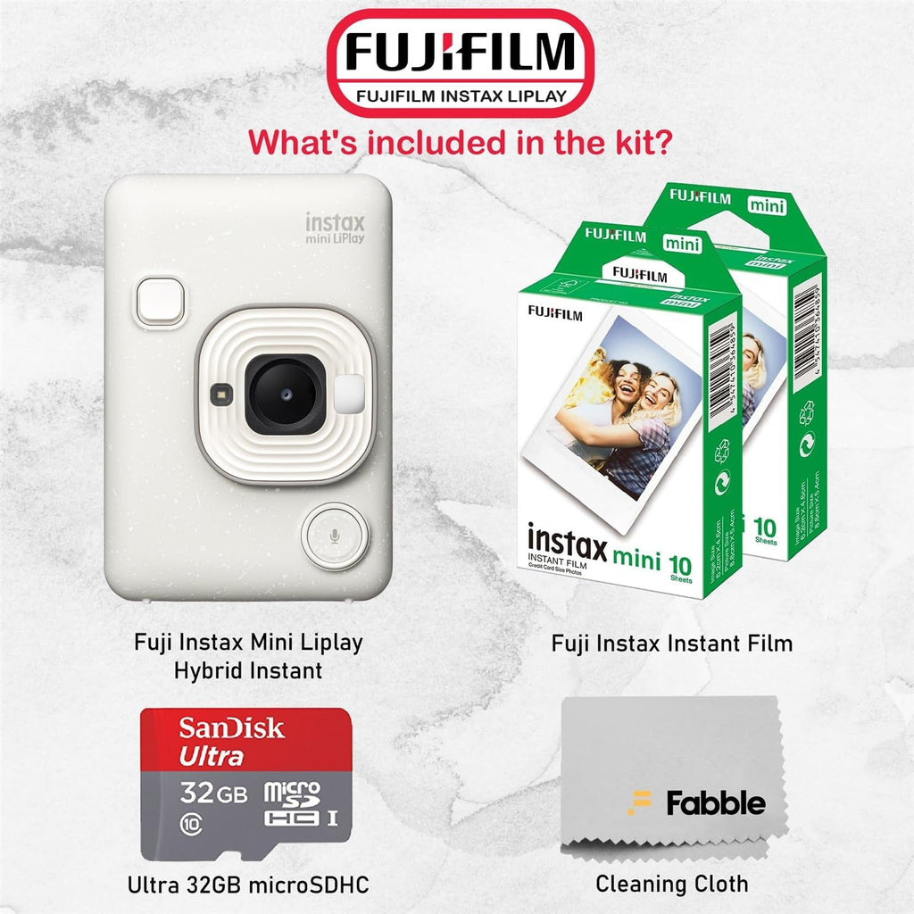 Fujifilm INSTAX Mini LiPlay Hybrid Instant Camera Bundle with 20 Sheets INSTAX Mini Film, 32GB microSD Card, USB Charging Cable, Hand Strap, Cleaning Cloth (Misty White)