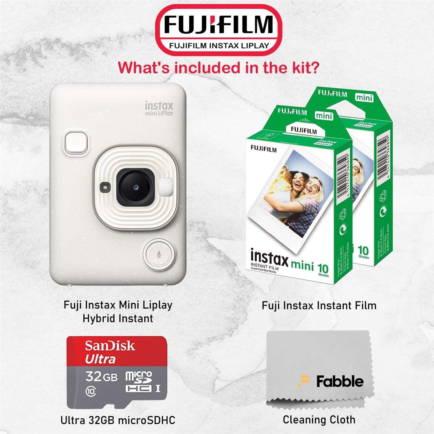 Fujifilm INSTAX Mini LiPlay Hybrid Instant Camera Bundle with 20 Sheets INSTAX Mini Film, 32GB microSD Card, USB Charging Cable, Hand Strap, Cleaning Cloth (Misty White)