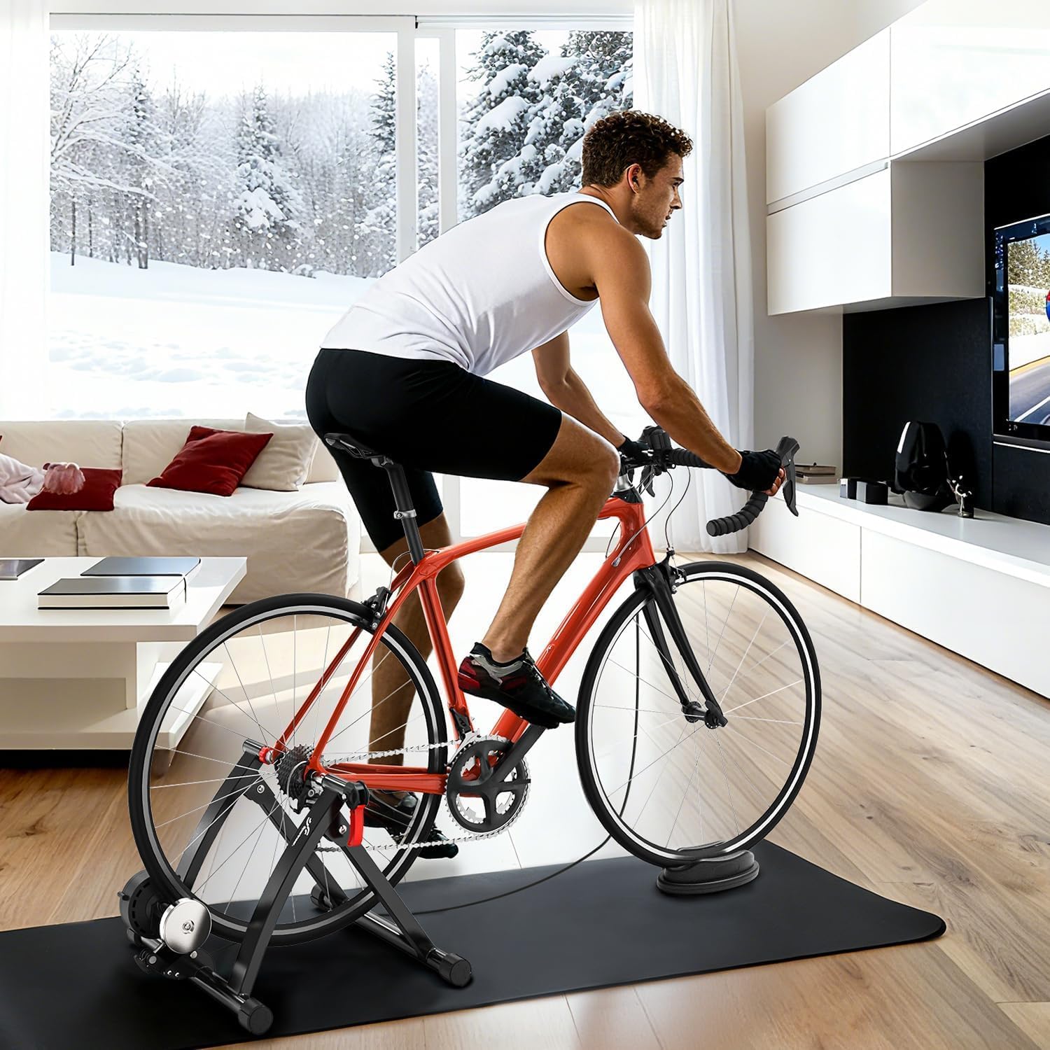 Sportneer Bike Trainer - Magnetic Stationary Bike Stand for 26-28' & 700C Wheels - Adjustable 6 Level Resistance Bike Trainer Stand for Indoor Riding with Quick Release Lever & Front Wheel Riser Block