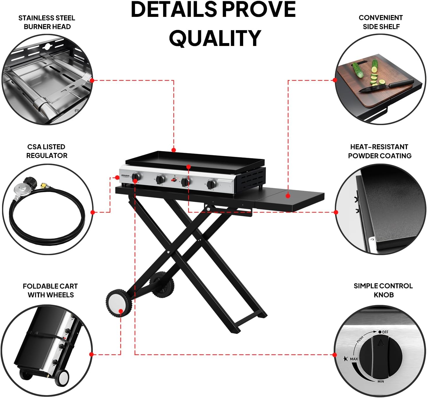 ROVSUN 40000 BTU Foldable Flat Top Gas Grill with Wheels & Enameled Tray, 4 Burner Portable Propane Griddle with Electronic Ignition & Regulator for Outdoor Cooking Camping BBQ Tailgating Picnicking