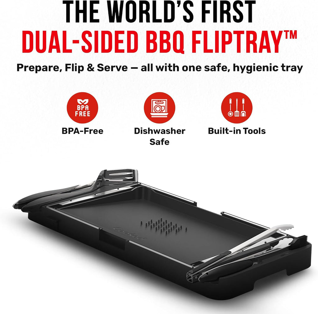 Grillbot FlipTray Dual-Sided Grilling Prep and Serving Tray - Raw/Cooked Food Separation, BBQ Grill Carry System Tray, Built-in Stainless Tools, BPA-Free, Dishwasher Safe, Tray for Outdoor Grill