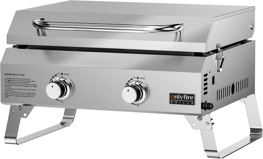 ONLYFIRE GRILLS Tabletop Gas Griddle with Foldable Legs, 2-Burner BBQ Propane Flat Top Griddle, Portable Gas Stove for Outdoor Cooking Patio Party Camping Tailgating RV, Stainless Steel, GS318