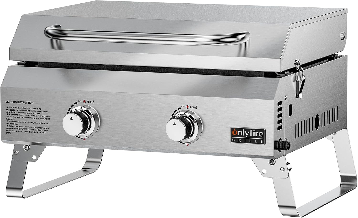 ONLYFIRE GRILLS Tabletop Gas Griddle with Foldable Legs, 2-Burner BBQ Propane Flat Top Griddle, Portable Gas Stove for Outdoor Cooking Patio Party Camping Tailgating RV, Stainless Steel, GS318