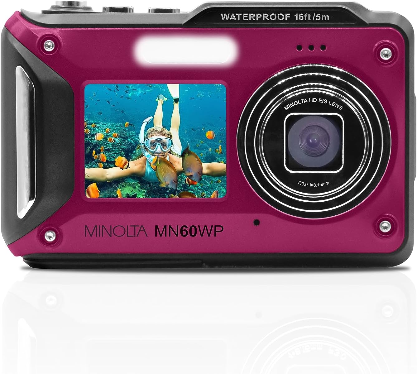 Minolta Waterproof Digital Camera - 48MP Photos, 4K UHD Video, Dual LCD Screens, 16ft Waterproof, 16X Zoom, Anti-Shake, Slow Motion, Compact Point-and-Shoot for Travel & Underwater (Magenta)