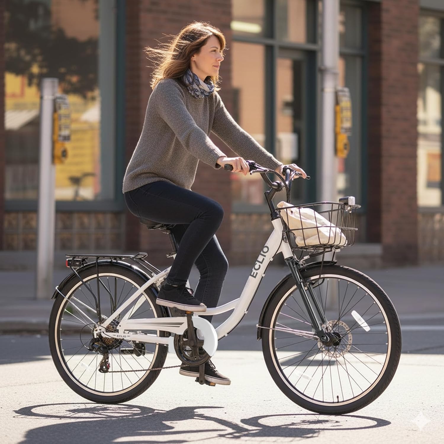 Electric Bike for Adults, Peak 700W Motor 20MPH, 374.4Ah Removable Battery 50Miles Ebike, 24'' Step Thru City Cruiser E Bike,7-Speed,Full Suspension,Front Basket, Full Suspension,UL 2849 Standard