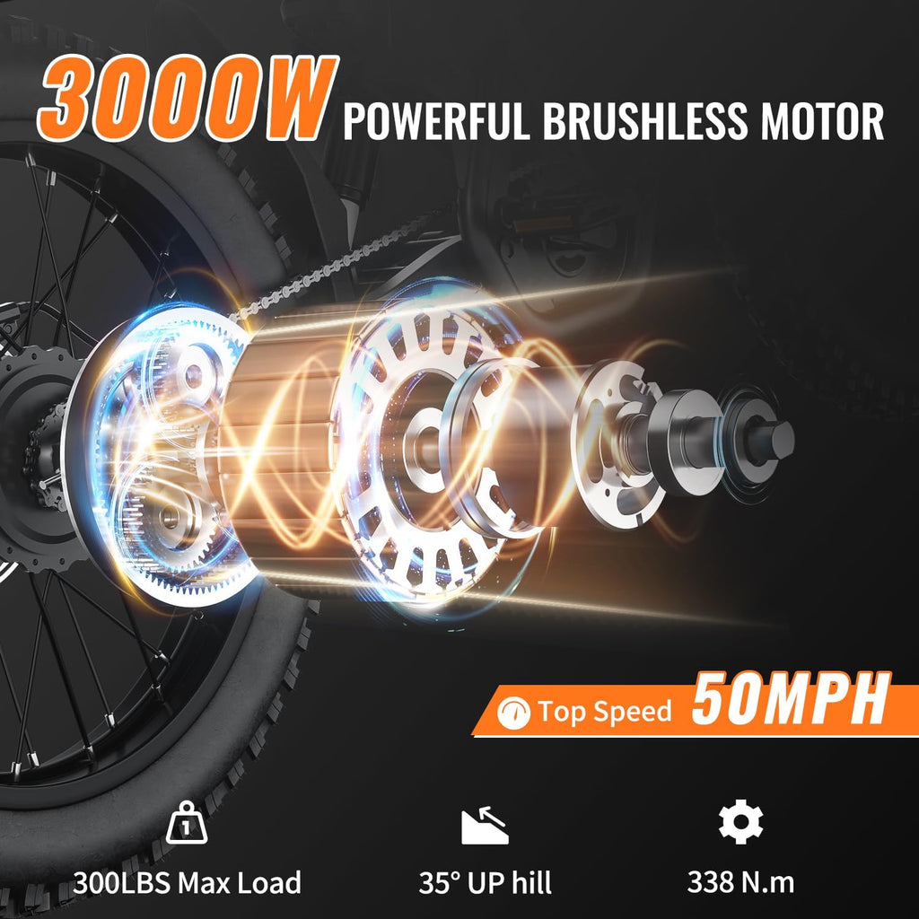 Bootime 3000W Electric Dirt Bike for Adults GT73Pro Electric Bike for Teens 50MPH Max Speed,Fast Charge(60V 36AH) Battery,85+Miles 25''*4.0 Fat Tire Ebike with Full Suspension Dual Hydraulic Brakes