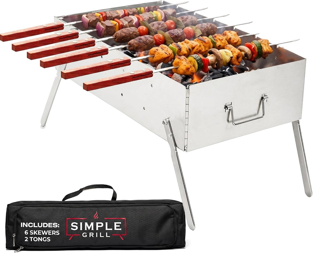 TSG Portable Stainless Steel Mangal Charcoal Grill For Shish Kebab, Steaks, Burgers | 20X12Inch| Includes 6 Skewers, 2 Tongs & Carry Bag | Foldable & Rustproof for Outdoor Cooking | Serves 8-12 People