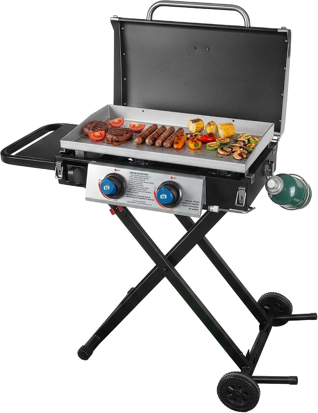 Razor Griddle GGC2030M 25 Inch Outdoor 2 Burner Portable LP Propane Gas Grill Griddle with Top Cover, Wheels, & Storage Shelf for BBQ Cooking, Black