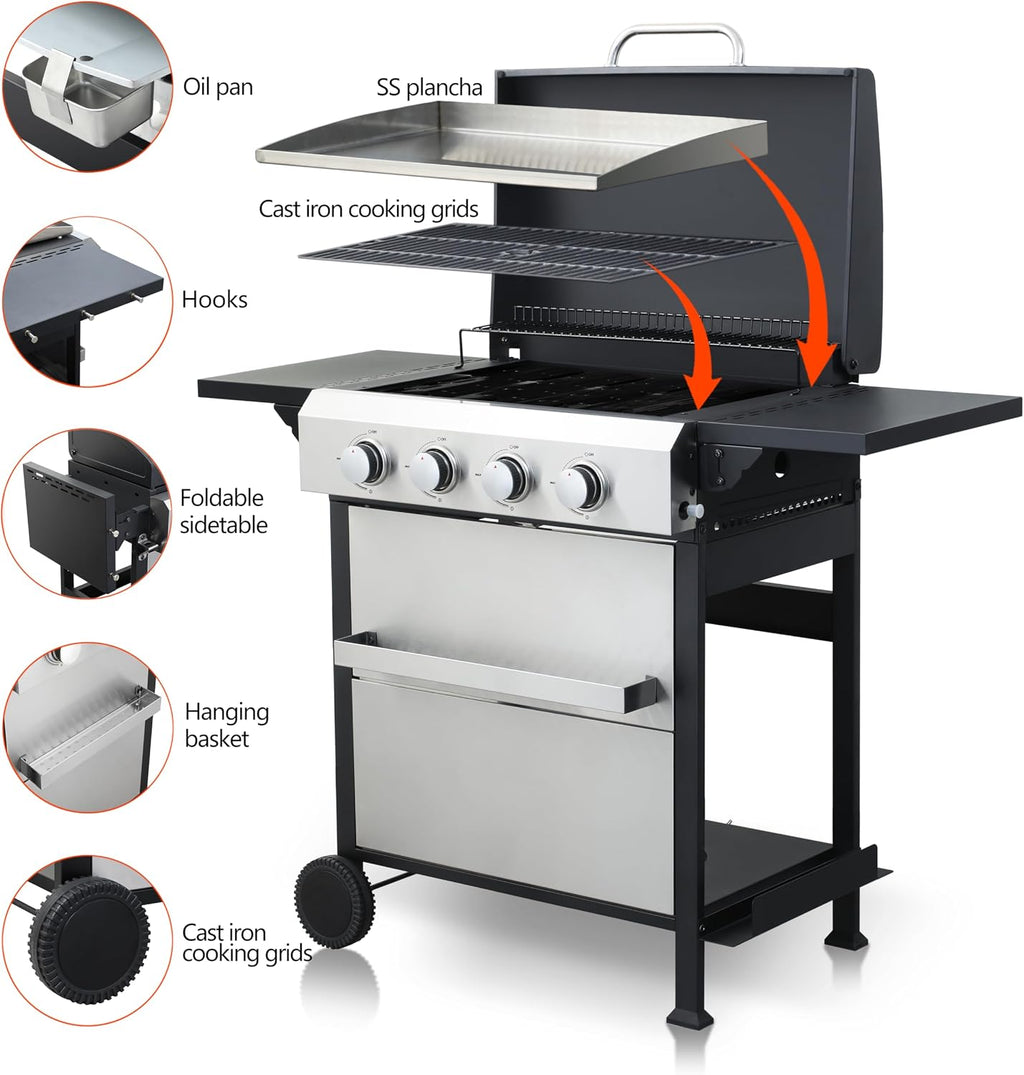 4-Burner Flat Top Propane Gas Grill Stainless Steel Griddle Combo with Foldable Side Table, 49,200 BTU Outdoor BBQ Grill, Porcelain-Enameled Cast Iron Grids, for Backyard, Patio Cooking