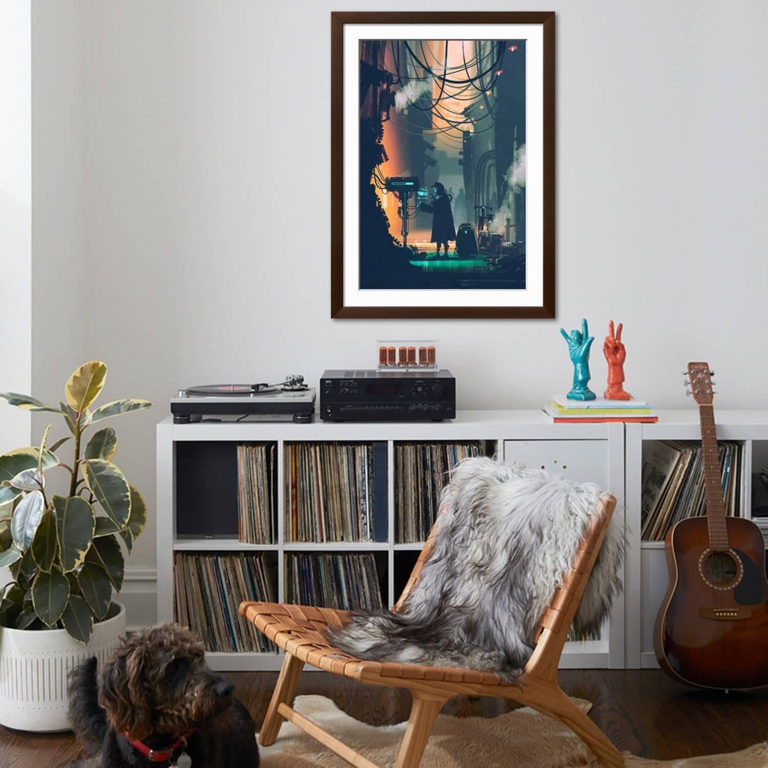 ART.COM Wall Art Print Sci-Fi Scene of Robot Using Futuristic Computer in City Street,Illustration Painting on Brown Frame by Tithi Luadthong, 32' x 44'