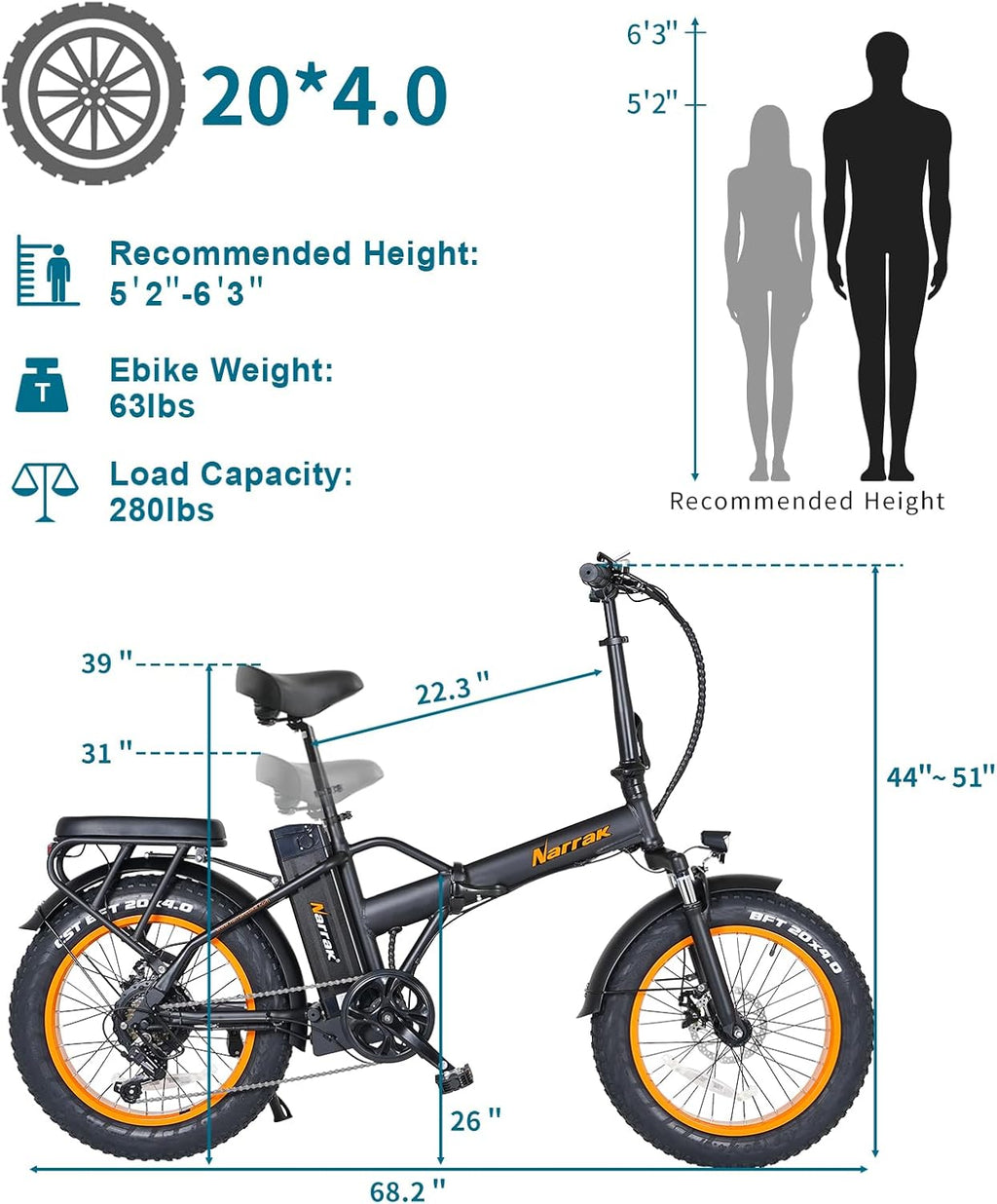 NARRAK Fat Tire Folding Electric Bike, 48V & 624Wh Lithium Removable Battery, Peak 1100W Brushless Motor, Max Speed 20Mph, M5 Large LCD Display, Suspension, Step-Over/Thru Frame