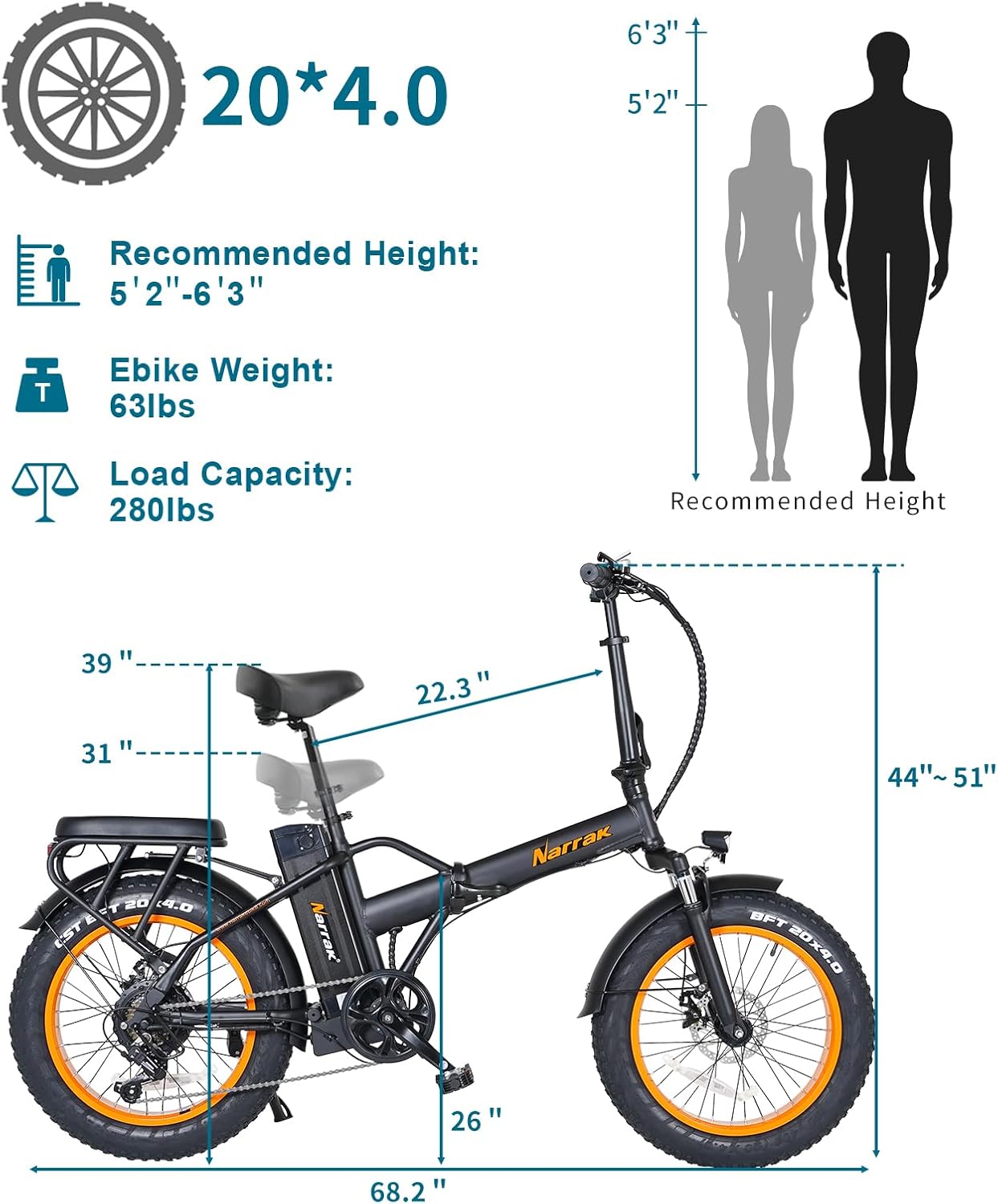 NARRAK Fat Tire Folding Electric Bike, 48V & 624Wh Lithium Removable Battery, Peak 1100W Brushless Motor, Max Speed 20Mph, M5 Large LCD Display, Suspension, Step-Over/Thru Frame