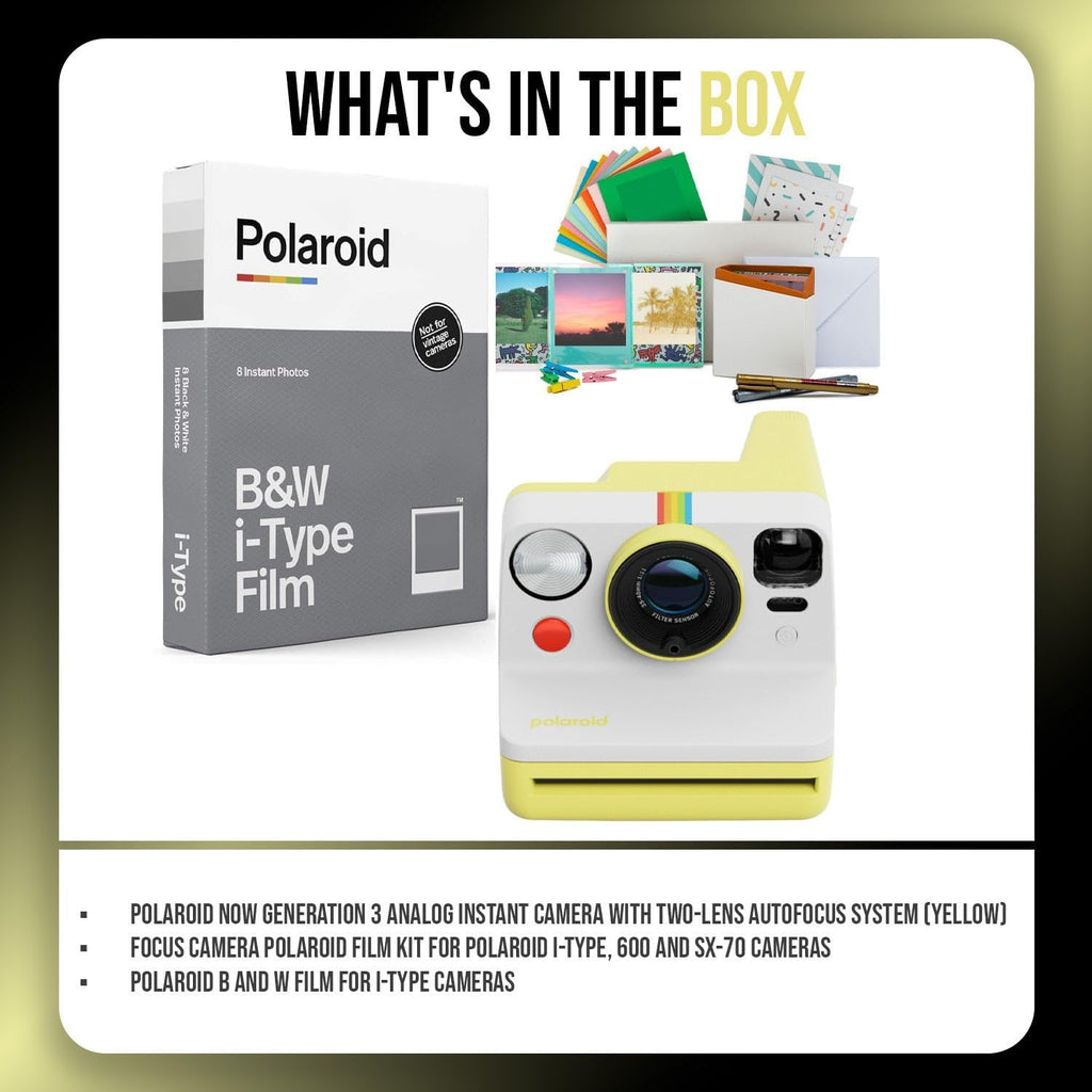 Polaroid Now Generation 3 Analog Instant Camera with Two-Lens Autofocus System (Yellow) Bundle with Film Kit and Polaroid B and W Film for i-Type Cameras (3 Items)