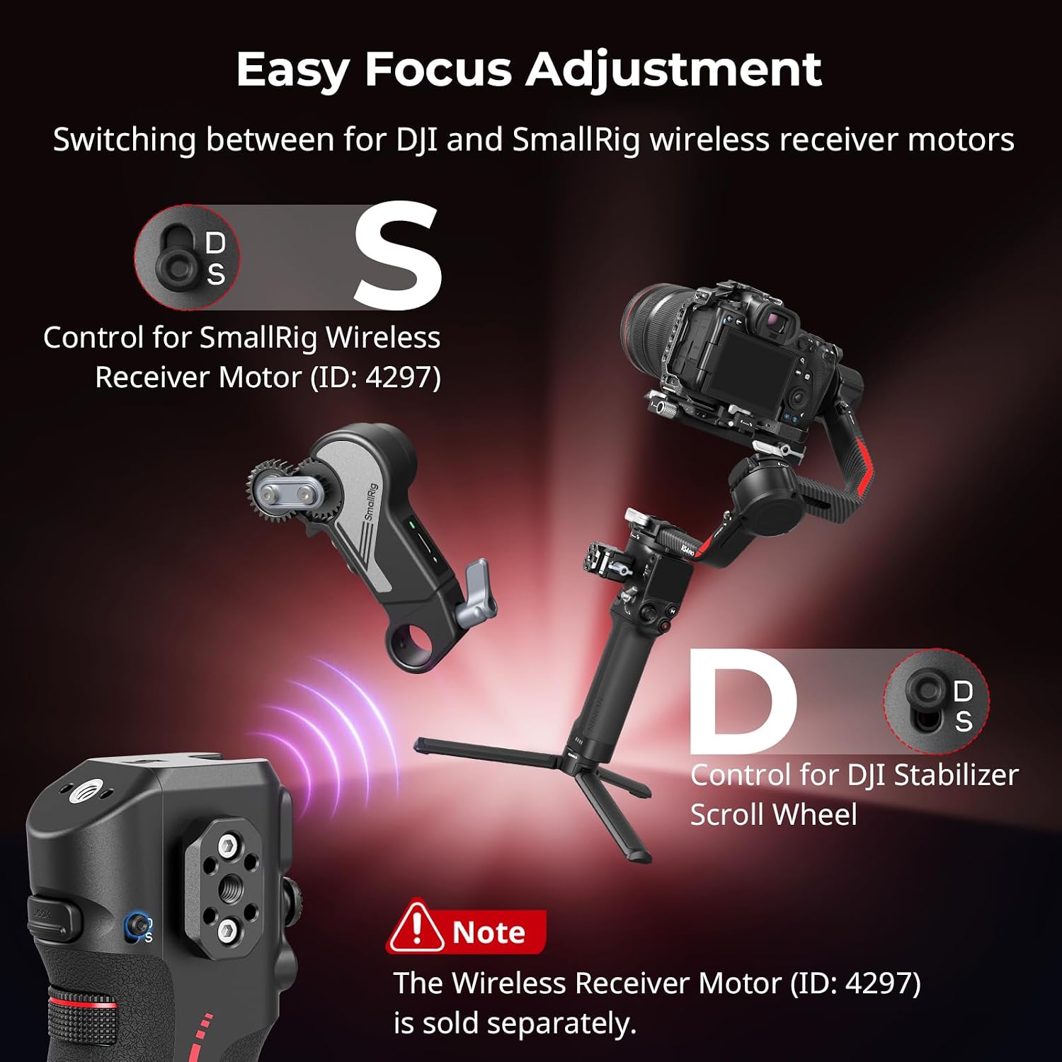 SMALLRIG Handle with Follow Focus for DJI RS 2 / RS 3 Pro/RS 4 / RS 4 Pro/RS 5 Gimbal Stabilizer, Handle with 1/4'-20 locating Holes and a Cold Shoe Mount, Max Load 4.4lb
