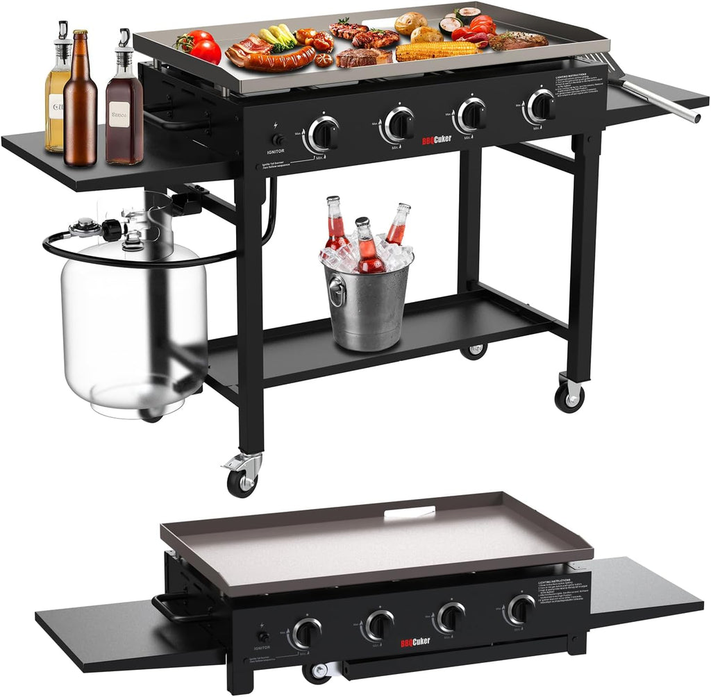 BBQCuker 4-Burner Propane Gas Griddle, 60,000 BTU Flat Top Grill with Removable Side Tables, Bottom Tray and Foldable Legs, 766 sq. in. Cooking Area, Portable Outdoor Griddle for Camping, BBQ (BLACK)