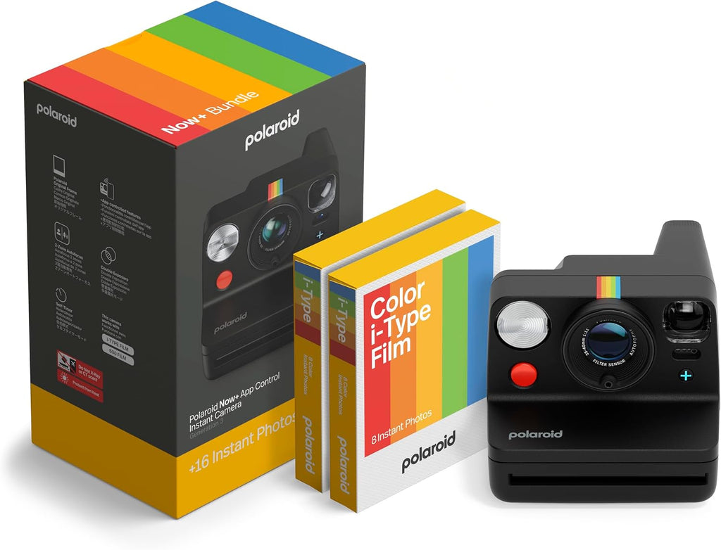 Polaroid Now+ 3rd Generation I-Type Instant Camera + Film Bundle - Now+ Bluetooth App Controlled Black Camera + 16 Color Photos (6562)