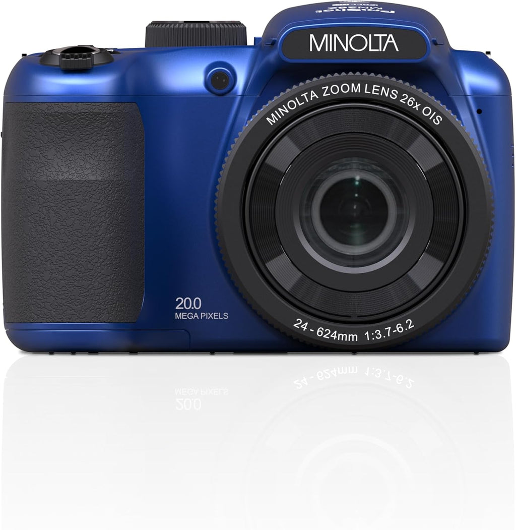 Minolta ProShot 20MP Camera – 26x Optical Zoom Lens, 1080p HD Video, WiFi, 3-inch LCD Screen, Image Stabilization, Face Detection, Scene Modes, Compact Point & Shoot, 32GB Card (Blue)