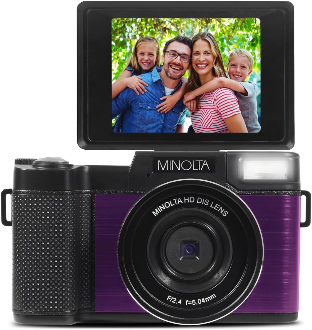 Minolta 30MP Digital Camera – 2.7K Ultra HD Video, 3-inch 180° LCD Screen, Face Detection, Anti-Shake, 9 Scene Modes, Photo Burst, Panorama, CMOS Sensor, 32GB Card (Purple)