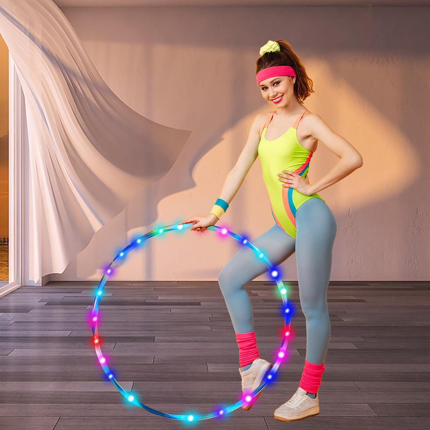 6Pack LED Hoop Dance Exercise Light Up Hoop for Adults, 36in Fitness Equipment Weight Loss Auto Color Changing Strobe Glow Light, 90cm for Hooper(Two AA Batteries are Needed. Not Included)