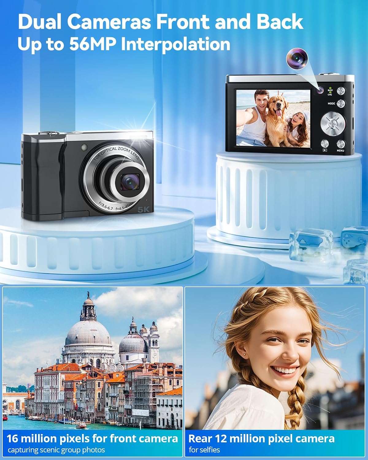 Digital Camera,5K 56MP Cameras for Photography Autofocus,Vlogging Compact Camera with Front and Rear Camera,10X Optical Zoom,6-Axis Anti-Shake,Touch Screen with 64GB SD Card,2 Batteries
