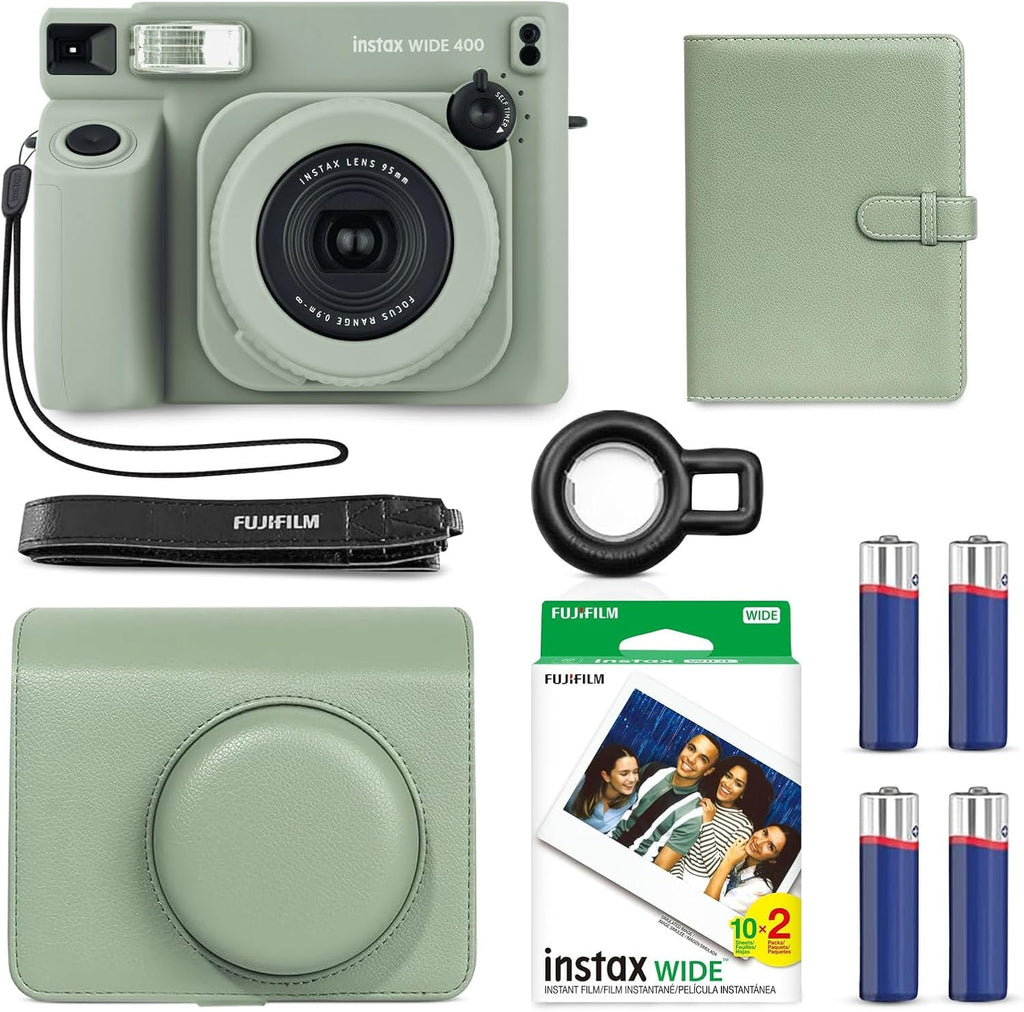 Fujifilm Instax Wide 400 Instant Camera (Sage Green) + INSTAX Wide Film (20 Exposures) + Shutter Accessories Bundle – Carrying Case, 80-Pocket Green Photo Album