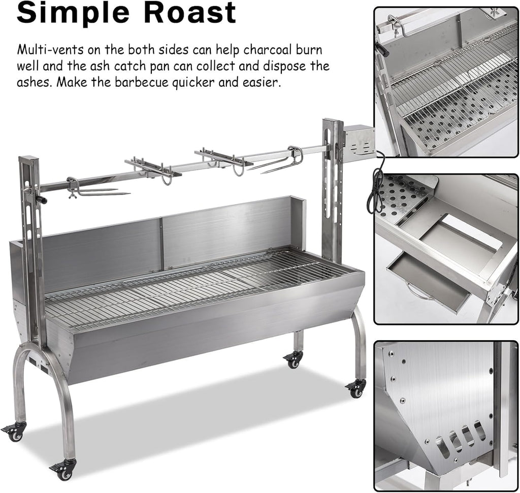Rotisserie Grill With Wind Screen, Stainless Steel Charcoal Spit, Electric Pig Rotisserie Machine, 176LBS/80KG BBQ Grill for Pig Roasting, Camping & Backyard Use