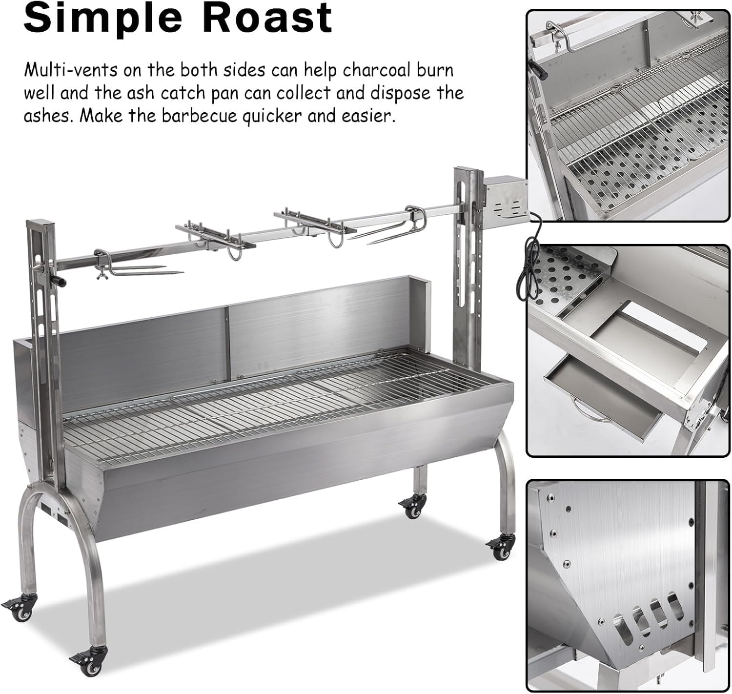 Rotisserie Grill With Wind Screen, Stainless Steel Charcoal Spit, Electric Pig Rotisserie Machine, 176LBS/80KG BBQ Grill for Pig Roasting, Camping & Backyard Use