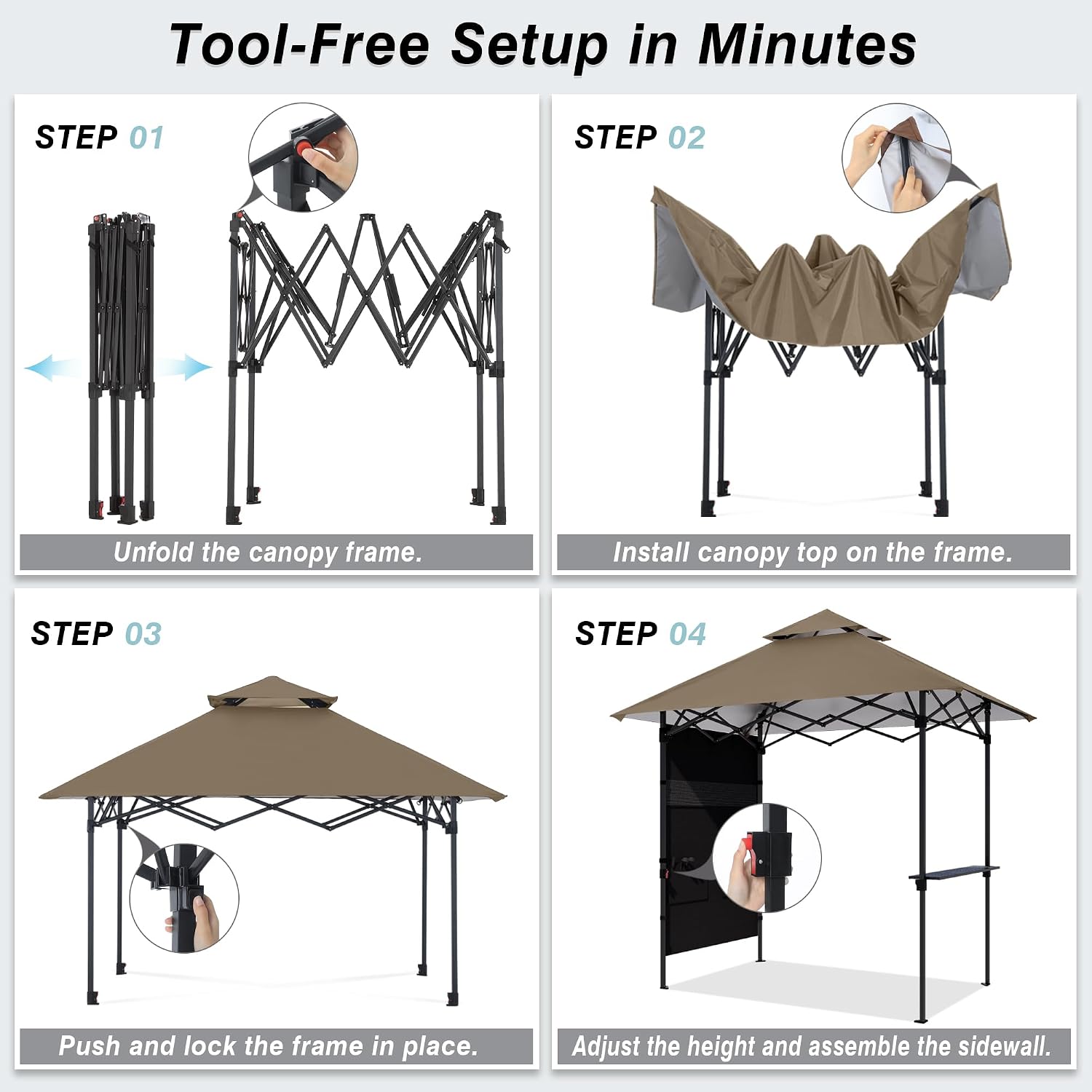 ABCCANOPY 8x5 Pop Up Grill Gazebo - Outdoor BBQ Canopy with Shelf & Sidewall, Portable Barbeque Shelter with 2 Magnetic LED Lights, Carry Bag for Patio Garden Events Picnic Grilling, Khaki