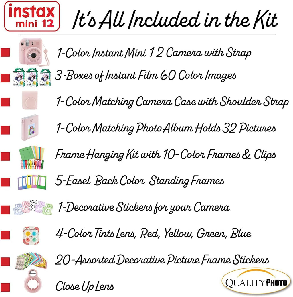 Fujifilm Instax Mini 12 Instant Camera + 60 Photo Prints + Quality Photo Value Bundle, Case, Decoration Stickers, Frames, Photo Album, (Blossom Pink)