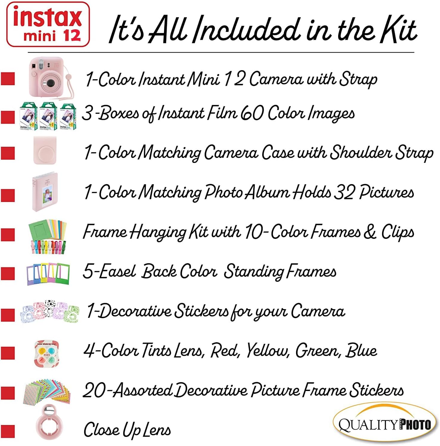 Fujifilm Instax Mini 12 Instant Camera + 60 Photo Prints + Quality Photo Value Bundle, Case, Decoration Stickers, Frames, Photo Album, (Blossom Pink)