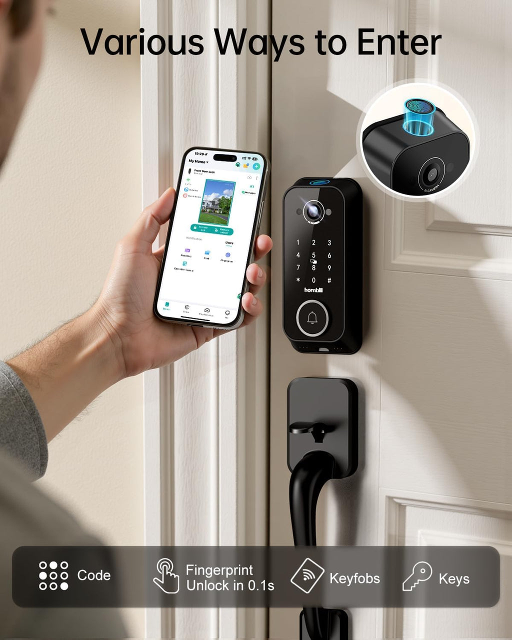 Video Smart Lock with Camera: 4-in-1 Ring+2K Camera+Doorbell+Fingerprint Hornbill Keyless Entry Door Lock, Built-in WiFi Deadbolt(only 2.4G), Two-Way Audio/App Remote Control/PIR, No Monthly Fee
