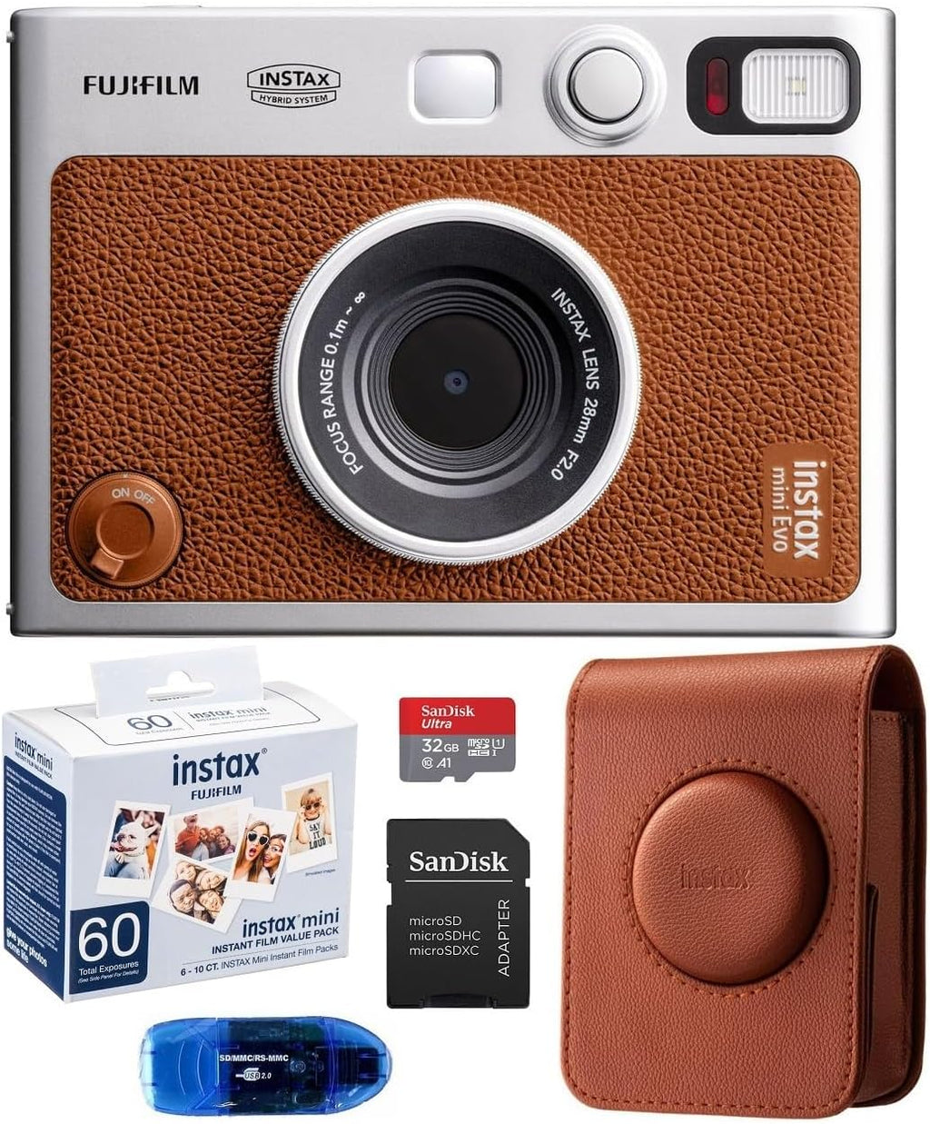 Fujifilm INSTAX MINI EVO Hybrid Instant Camera (Brown) Bundle, Includes: INSTAX Mini Film (60 Exposures), Brown Case, 32GB MicroSDHC Memory Card and More (5 Items)