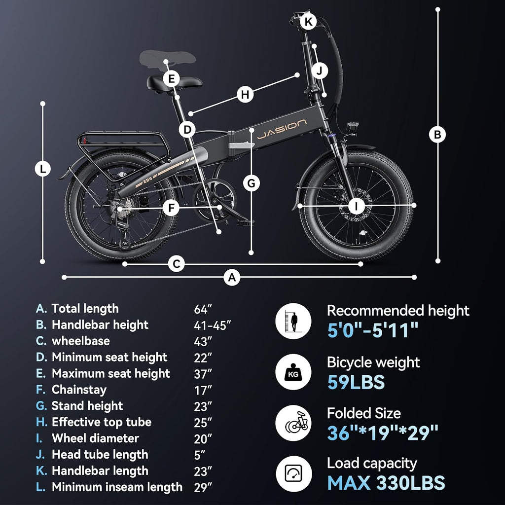 Jasion EB6 Foldable Electric Bike for Adults,【1200W Peak Motor, 25 MPH, 50 Miles Range】 20' Fat Tire Ebike with 48V Built-in Battery, Lightweight Aluminum Frame E Bike for Commuting, Off-Road, Travel