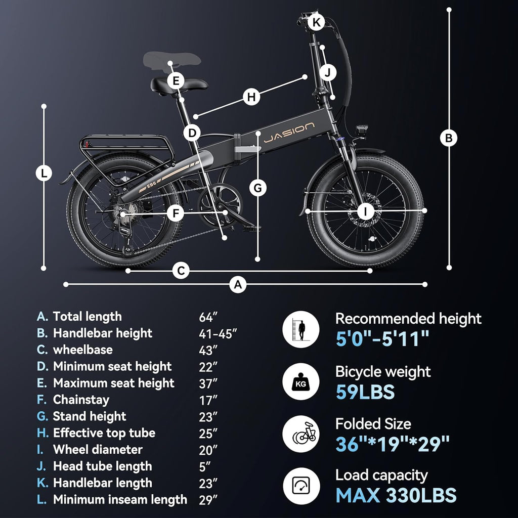 Jasion EB6 Foldable Electric Bike for Adults,【1200W Peak Motor, 25 MPH, 50 Miles Range】 20' Fat Tire Ebike with 48V Built-in Battery, Lightweight Aluminum Frame E Bike for Commuting, Off-Road, Travel