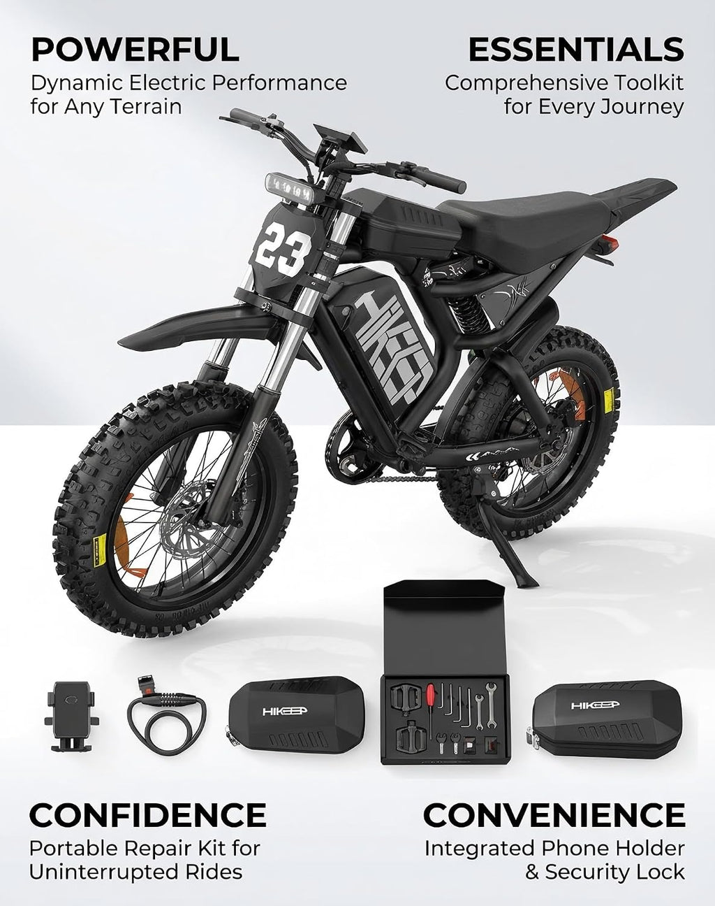 HiKeep Electric Dirt Bike for Adults - Peak 1500W/3000W Electric Bikes, 28-35MPH, 48V/52V 15.6Ah/25Ah/40Ah, 70-120 Mile(PAS Mode), 16/20 Inch All-Terrain Fat Tire Electric Motorcycle