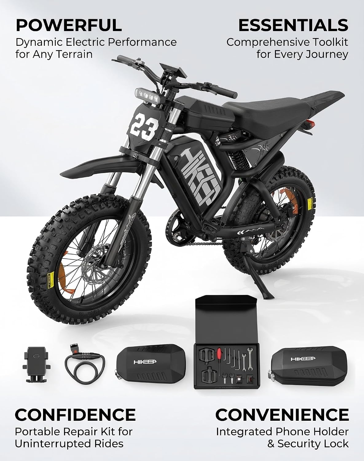 HiKeep Electric Dirt Bike for Adults - Peak 1500W/3000W Electric Bikes, 28-35MPH, 48V/52V 15.6Ah/25Ah/40Ah, 70-120 Mile(PAS Mode), 16/20 Inch All-Terrain Fat Tire Electric Motorcycle