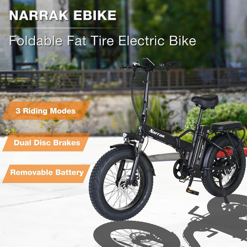 NARRAK Fat Tire Folding Electric Bike, 48V & 624Wh Lithium Removable Battery, Peak 1100W Brushless Motor, Max Speed 20Mph, M5 Large LCD Display, Suspension, Step-Over/Thru Frame