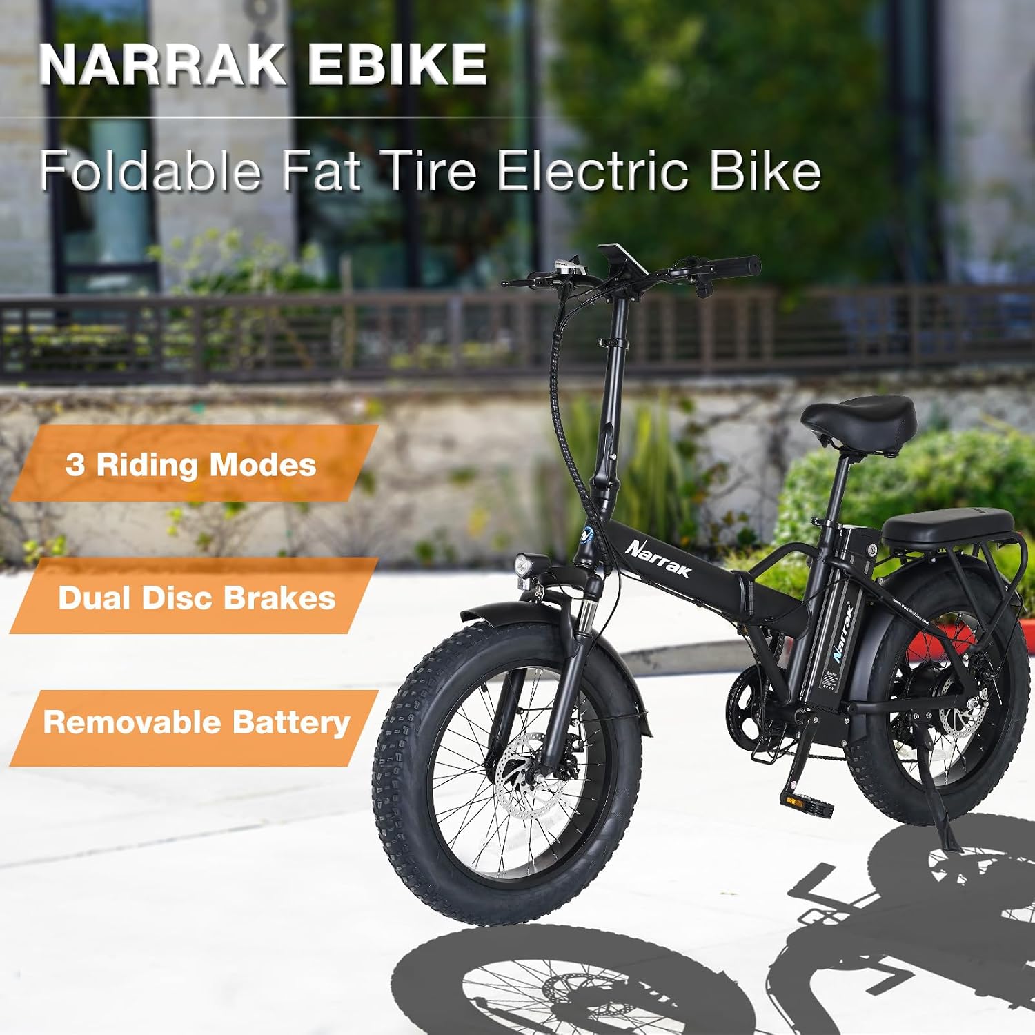 NARRAK Fat Tire Folding Electric Bike, 48V & 624Wh Lithium Removable Battery, Peak 1100W Brushless Motor, Max Speed 20Mph, M5 Large LCD Display, Suspension, Step-Over/Thru Frame
