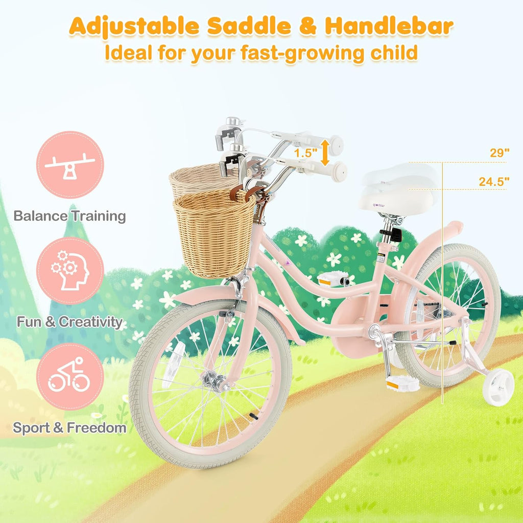 BABY JOY Kids Bike, 14 16 18 Inch Retro Kids Bicycles for 3-8 Years Old Children with Training Wheels, Adjustable Height, Rattan Basket, Handbrake & Coaster Brake, Boys Girls Bike (Pink, Green, Blue)