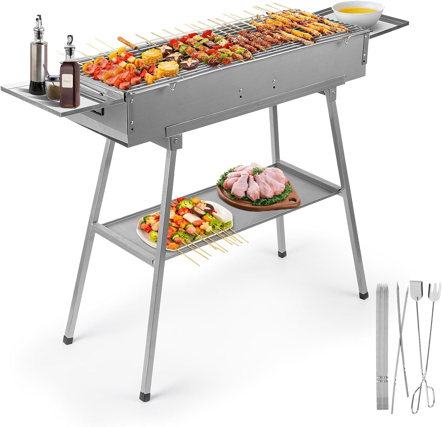 IRONWALLS Portable Charcoal Grill Outdoor Cooking, 32'L x 10'W Folded Camping Barbecue Grill with Storage Shelf, Metal Kebab Skewers, Rectangular Lamb Skewer Grill for Backyard Party Picnic Travel